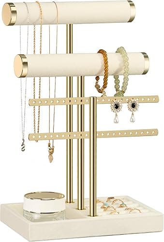 3 Tier Bracelet Holder Display - Detachable T Bar Beige Velvet Bracelet Holder, Jewelry Holder Organizer for Bracelet, Necklace, Earrings, Rings